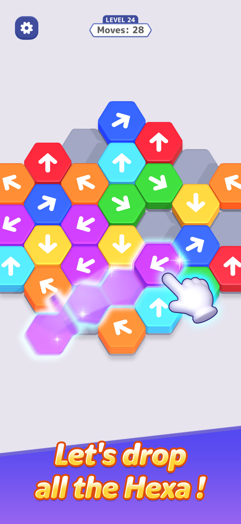 Hexa Away gameplay screen showing colorful hexagonal tiles with arrows and a hand tapping to clear them