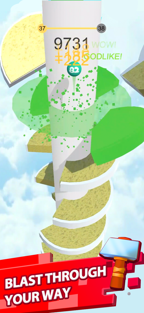 Una bola verde rompiendo múltiples plataformas circulares en una torre helicoidal en el juego Helix Jump