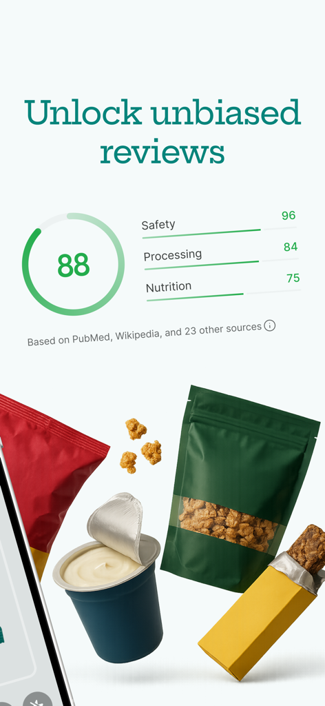 Nori - Scan your food - Nori app interface displaying unbiased nutrition scores for safety and food processing