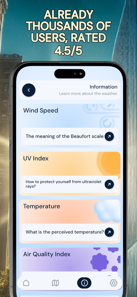 風速、紫外線指数、温度の詳細な天気情報ガイドを表示するiPhone画面。