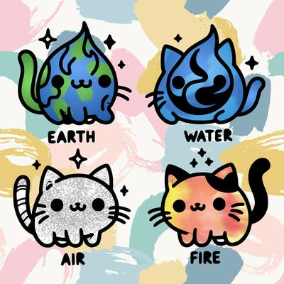 4 cats that represent the different elements, earth, water, air, and fire