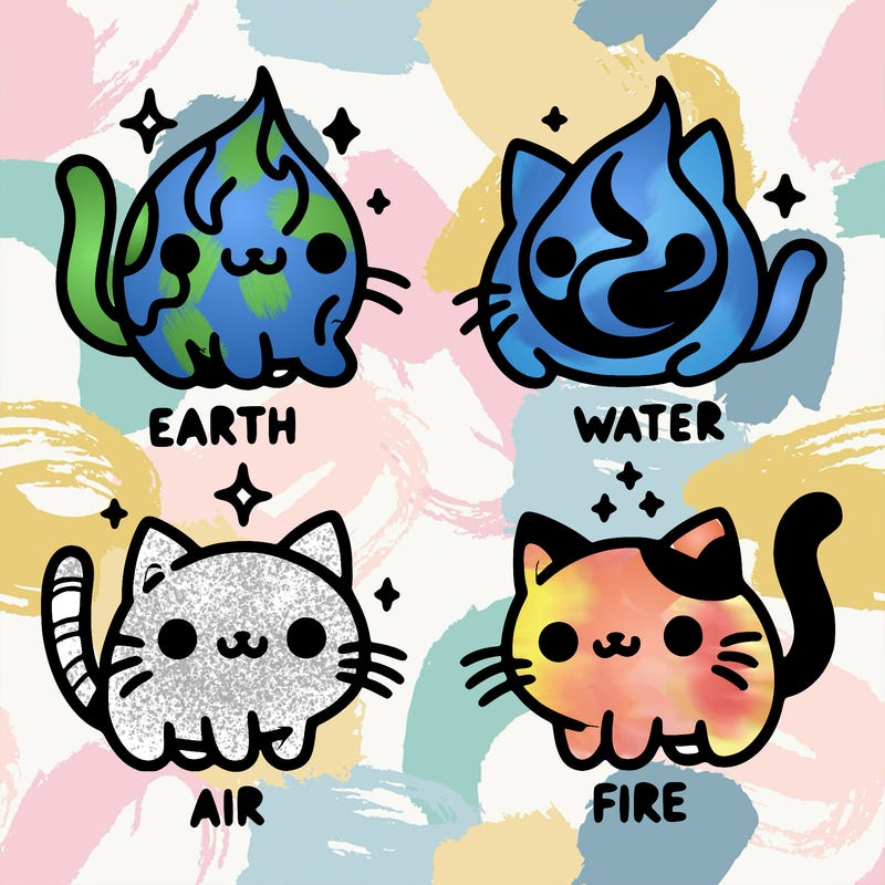 4 cats that represent the different elements, earth, water, air, and fire