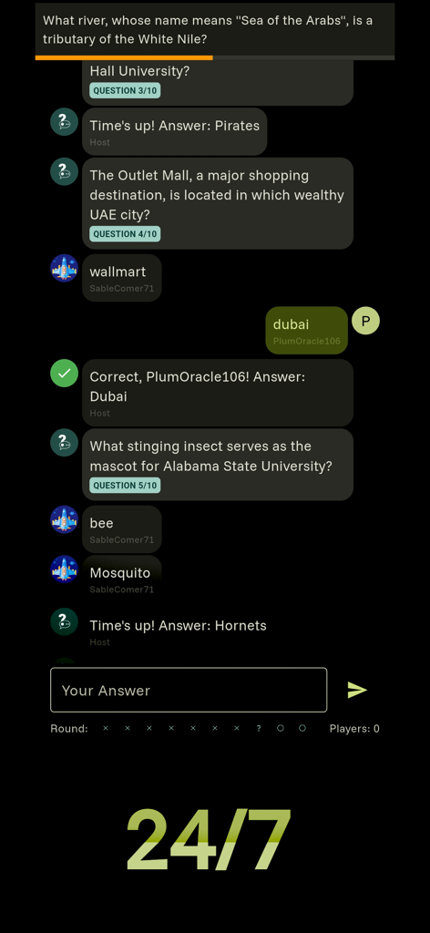 Real time trivia battle interface in the Trivia Player app showing open ended questions and answers