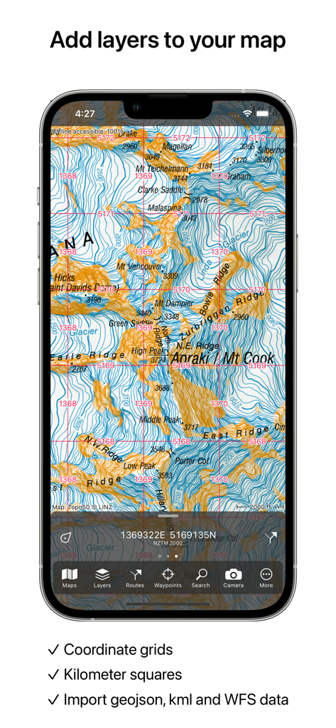 Topo GPS app interface showing a detailed topographic map with coordinate grids and mountain ridges.