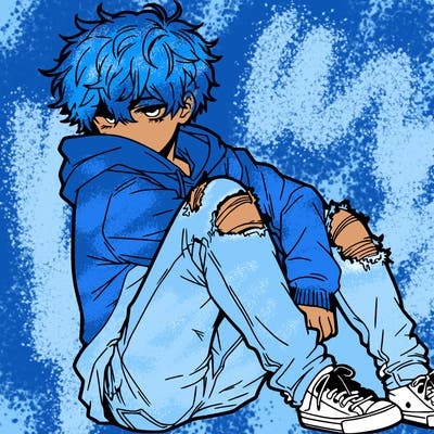 a male hoddie ripped jeans messy hair anime