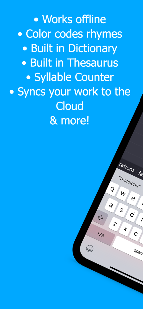 Rhymer's Block - List of Rhymer's Block app features including color coded rhymes and syllable counter