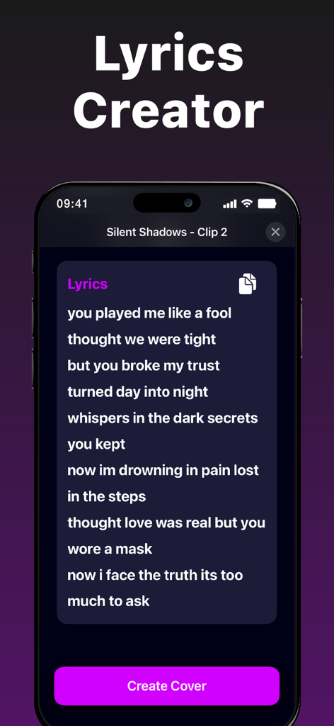 Interface of Banger AI Music Generator showing the Lyrics Creator feature with generated song lyrics