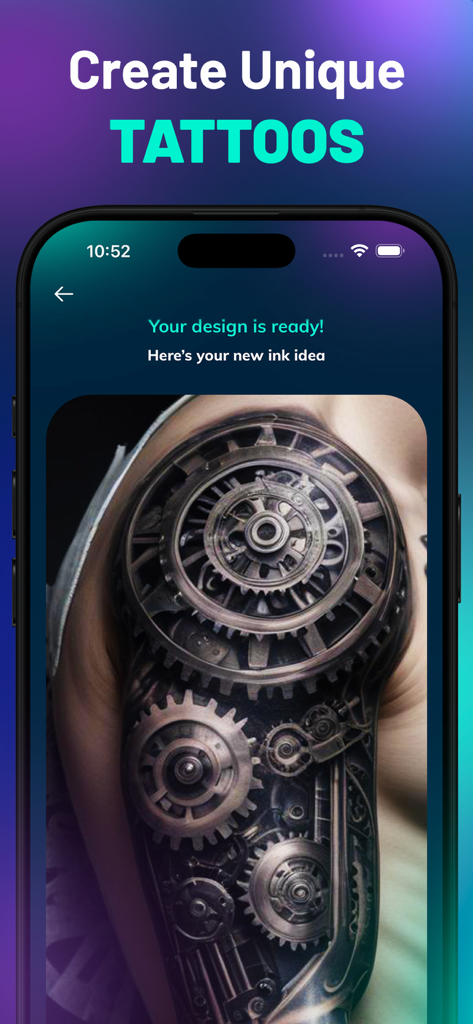 Tattoo Style AI - Design Maker - Diseño de tatuaje de engranaje biomecánico único creado por IA en un hombro