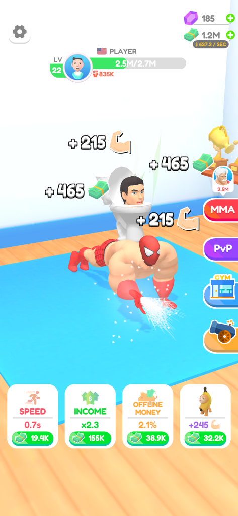 A muscular character in a red suit performing push ups with a toilet character on his back in Idle Push Up
