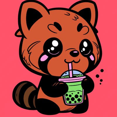 red panda drinking boba