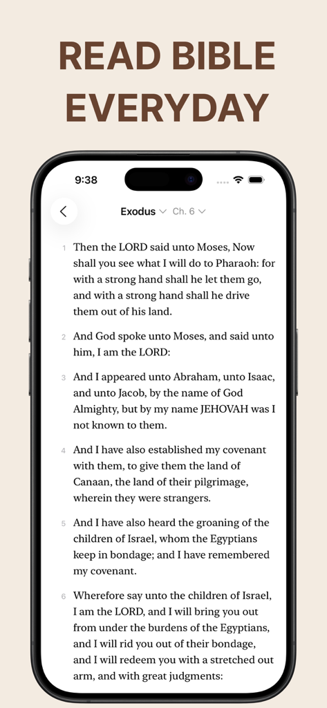 Interfaz de la aplicación Heather Bible mostrando un pasaje del Éxodo