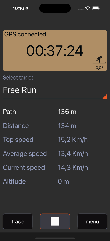 Oberfläche der Jogging App, die Echtzeit-Laufmetriken wie Zeit, Distanz und Geschwindigkeit anzeigt.