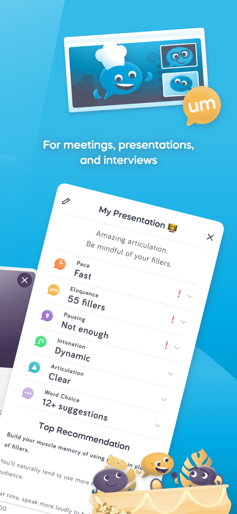 Interface of Speeko app showing AI feedback on speaking metrics including pace fillers and intonation
