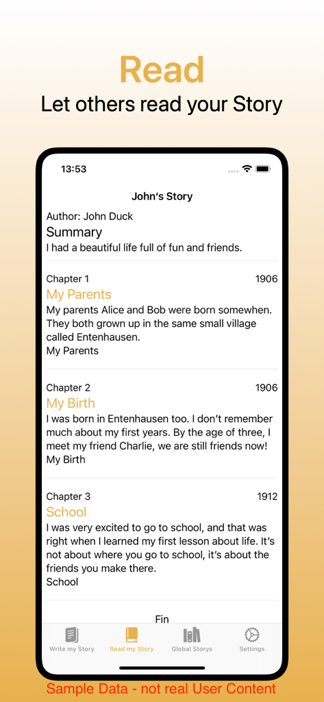 Write My Life Story - Interface of the Write My Life Story app showing a summary and chapters of a personal biography