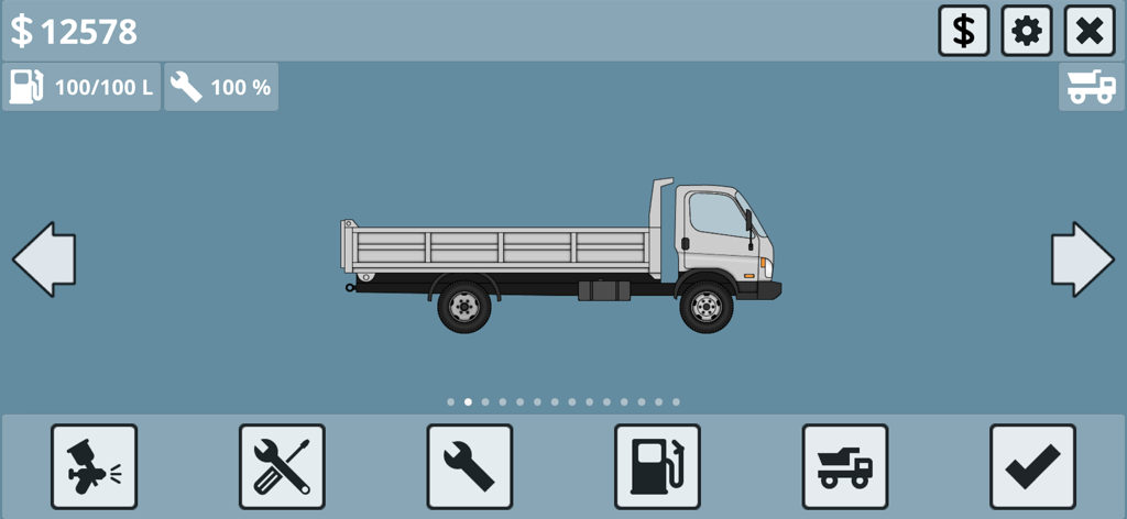 Interfaccia dell'app Mini Trucker che mostra un camion pianale bianco nel garage con icone di personalizzazione e manutenzione.