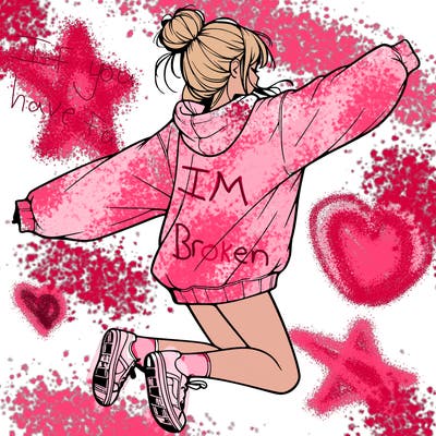 realistic girl jumping with a bun and oversized sweatshirt