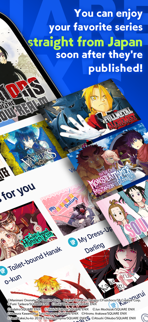 Manga UP! - Fullmetal Alchemist 및 My Dress-Up Darling과 같은 인기 만화 표지가 있는 Manga UP! 앱 인터페이스