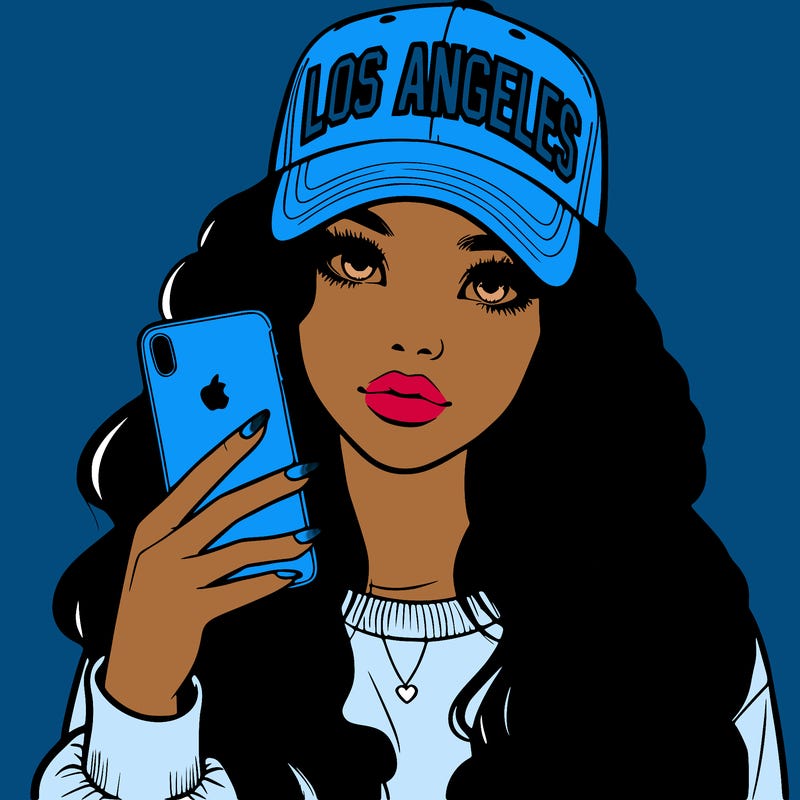 realistic beautiful girl wearing los ángeles cap holding an iphone