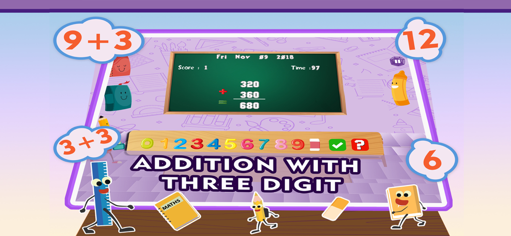 Math Addition Quiz Kids Games - Screenshot of Math Addition Quiz Kids Games showing three-digit addition on a chalkboard with cartoon school supplies