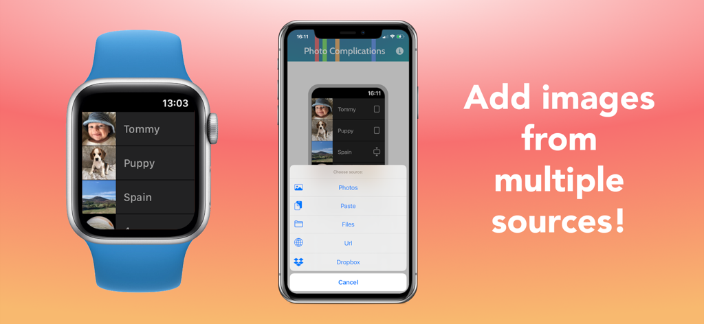 Photo Complications - An iPhone and Apple Watch showing how to add photos from multiple sources like Dropbox and iCloud to the Photo Complications app.