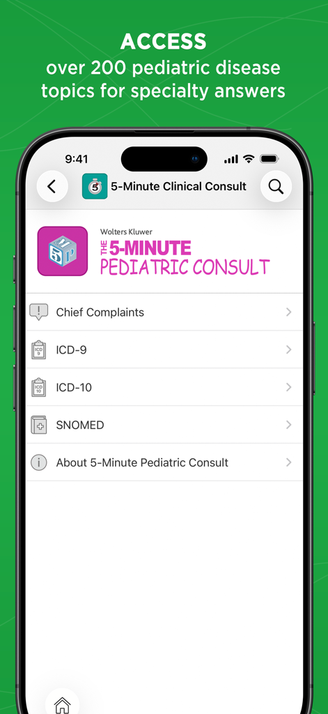 5 Minute Clinical Consult - Interfaz de la sección de consulta pediátrica en la aplicación 5 Minute Clinical Consult que muestra códigos clínicos y temas.