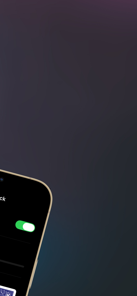 Pantalla de iPhone que muestra la configuración y un dorso de carta personalizable en la aplicación de magia AC2PHONE.