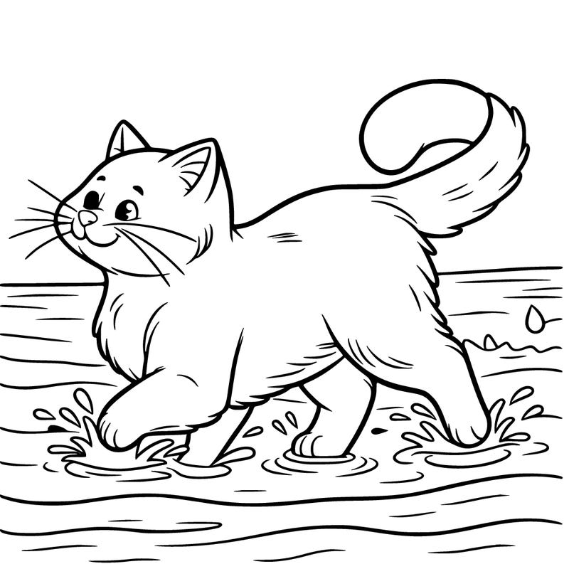 cat running in shallow water with a confident look
