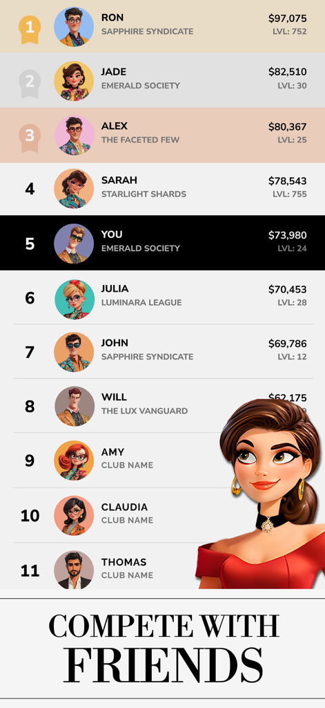 GFAL Diamond Dreams Match - In-game leaderboard showing player rankings and scores to compete with friends in Diamond Dreams Match.
