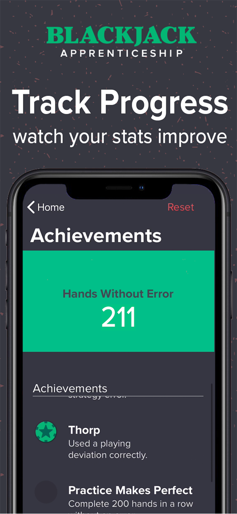 Capture d'écran de l'application d'entraînement au blackjack affichant les succès et les statistiques des mains jouées sans erreur.