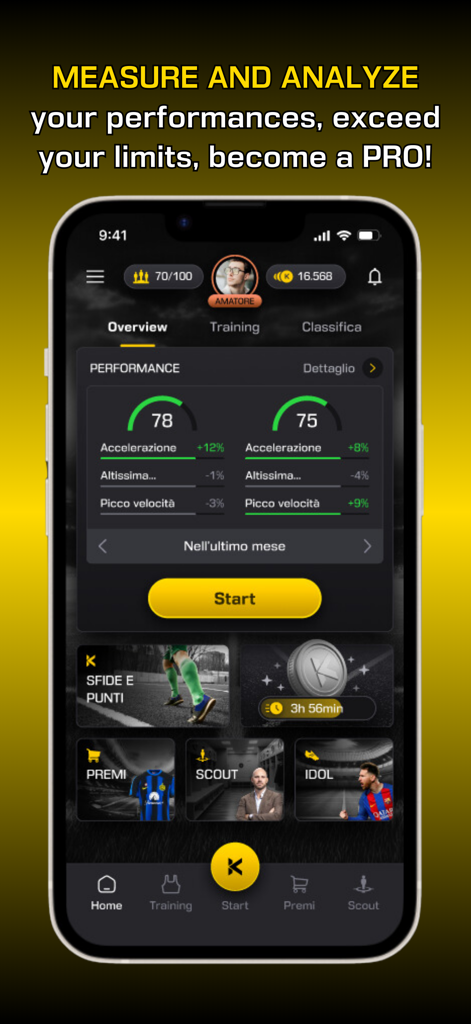 Smartphone mostrando el panel de rendimiento de la aplicación K-FANS Training con métricas atléticas y datos de aceleración
