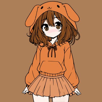 pretty anime girl wearing a fluffy hoodie with bunny ears on the hood and a skirt