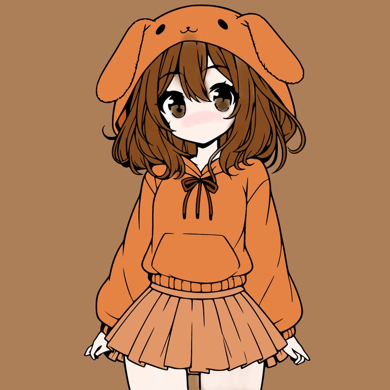 pretty anime girl wearing a fluffy hoodie with bunny ears on the hood and a skirt