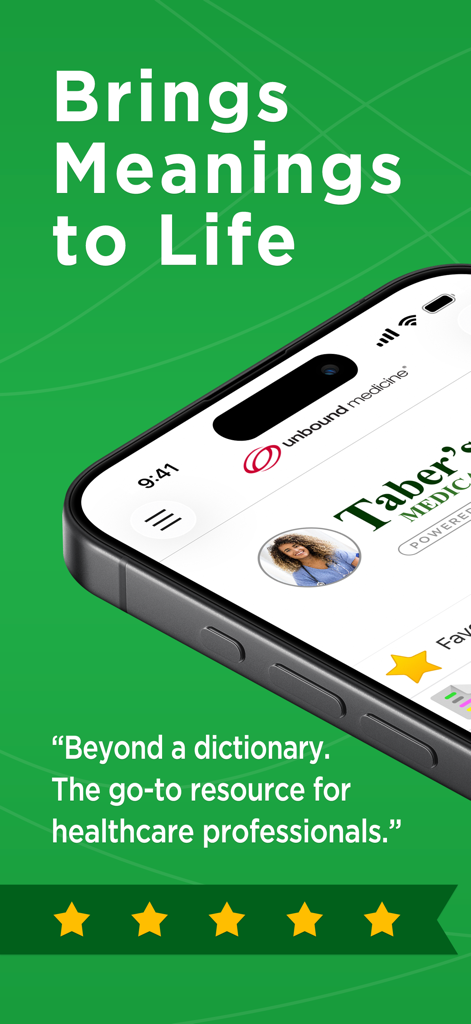 Taber's Medical Dictionary - Promotional screen for Taber's Medical Dictionary app highlighting it as a go-to resource for healthcare professionals with a 5 star rating.
