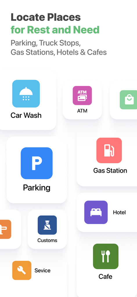Roolz Navigation for Truckers - Oberfläche mit Symbolen zur Suche nach LKW-Parkplätzen, Tankstellen und Raststätten