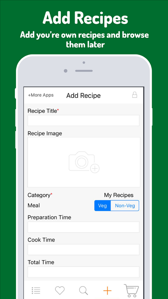A mobile screen showing the Add Recipe interface with fields for title image and cook time