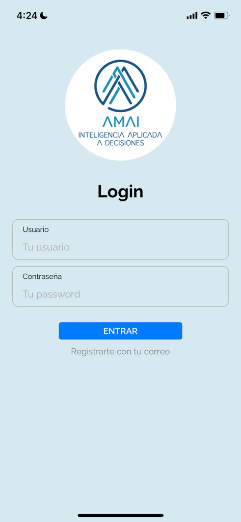 Interfaz de inicio de sesión de la aplicación AMAI Mexico con el logo oficial y campos para credenciales