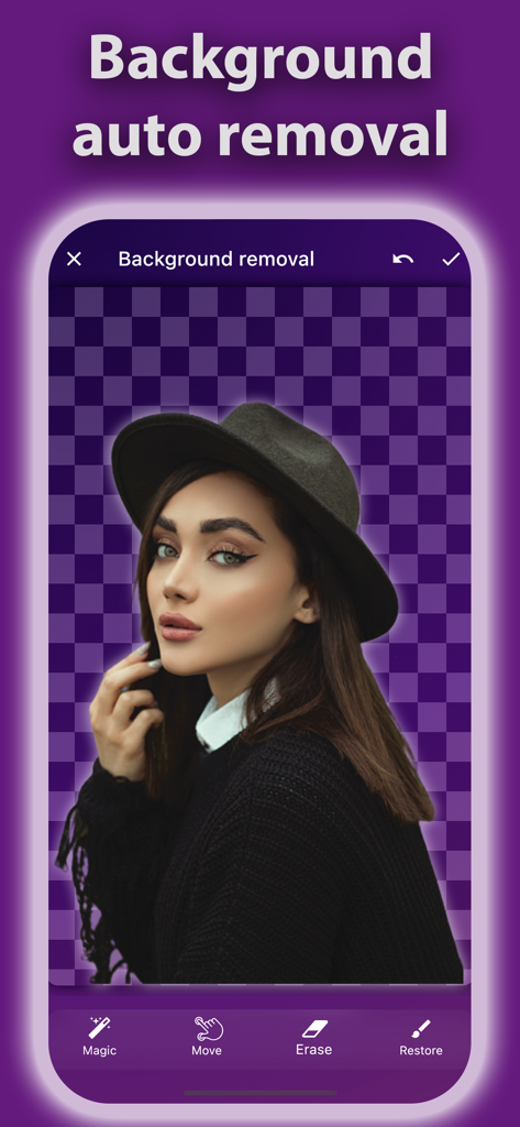Pro Stickers Maker 3D - Interfaz de la app Pro Stickers Maker 3D mostrando la función de eliminación automática de fondo en una foto de una mujer