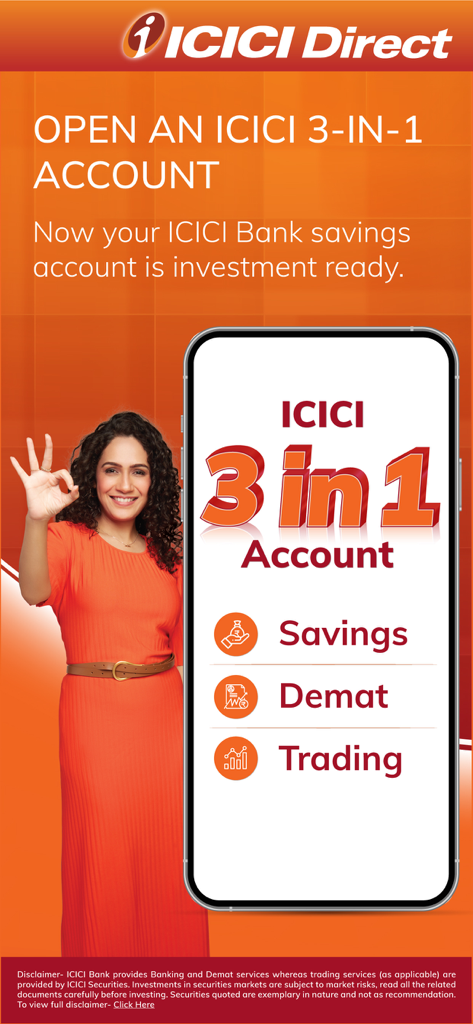 ICICI Direct-Stocks F&O MF IPO - ICICI Direct 3-in-1口座のプロモーションバナー。普通預金、デマット、取引機能を強調しています