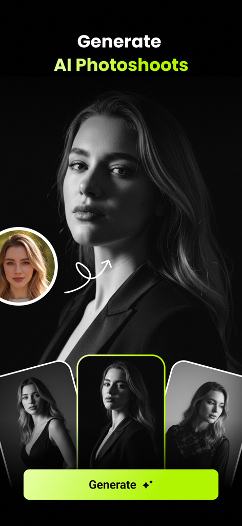 LumixAI: Turn Pic to Hot Video - A mobile app screen for LumixAI showing the Generate AI Photoshoots feature with professional black and white portrait examples.