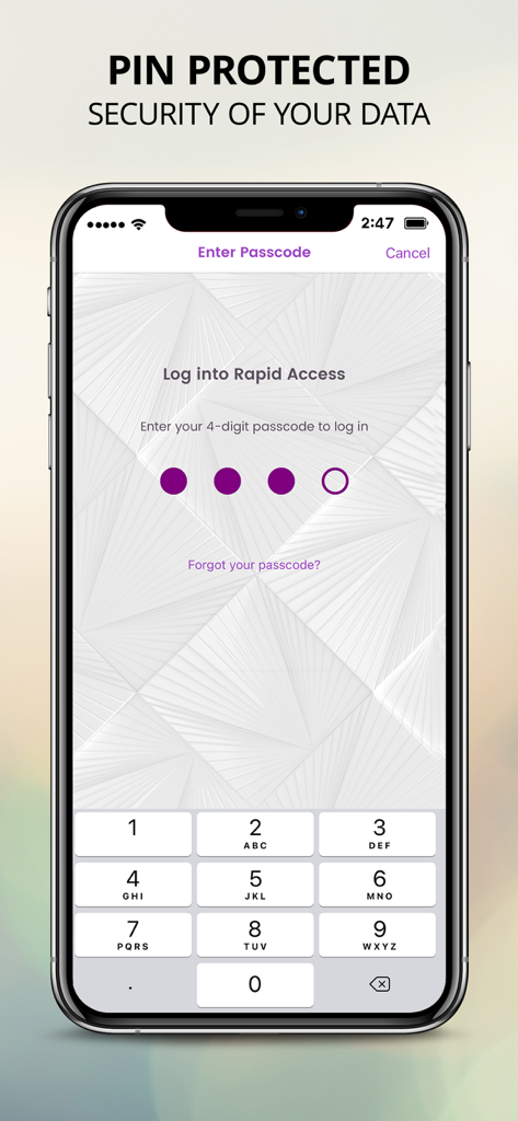 Rapid Access - Rapid Access app login screen showing the 4-digit passcode entry for PIN protected security.