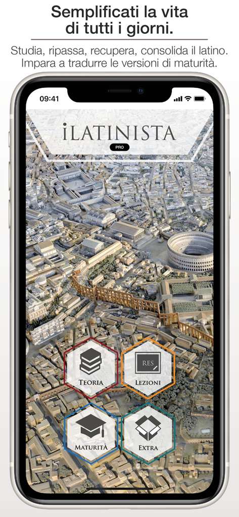 iLatinista (PRO) - Main dashboard of the iLatinista PRO app featuring navigation icons for Latin theory lessons and exam preparation over an image of ancient Rome