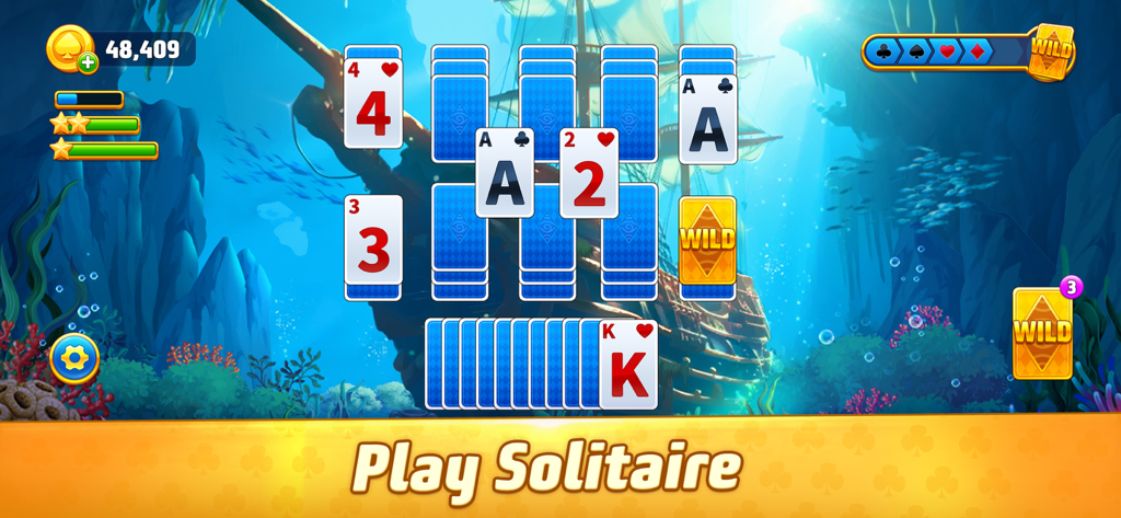 Solitaire TriPeaks Journey - Écran de jeu Solitaire TriPeaks Journey avec un thème d'épave sous-marine