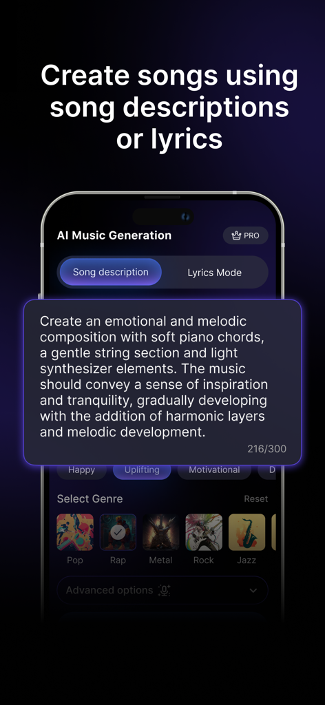 AI Song Generator: Make Cover - AI music generation screen showing a text prompt for a melodic composition and options to select genres like pop and rap