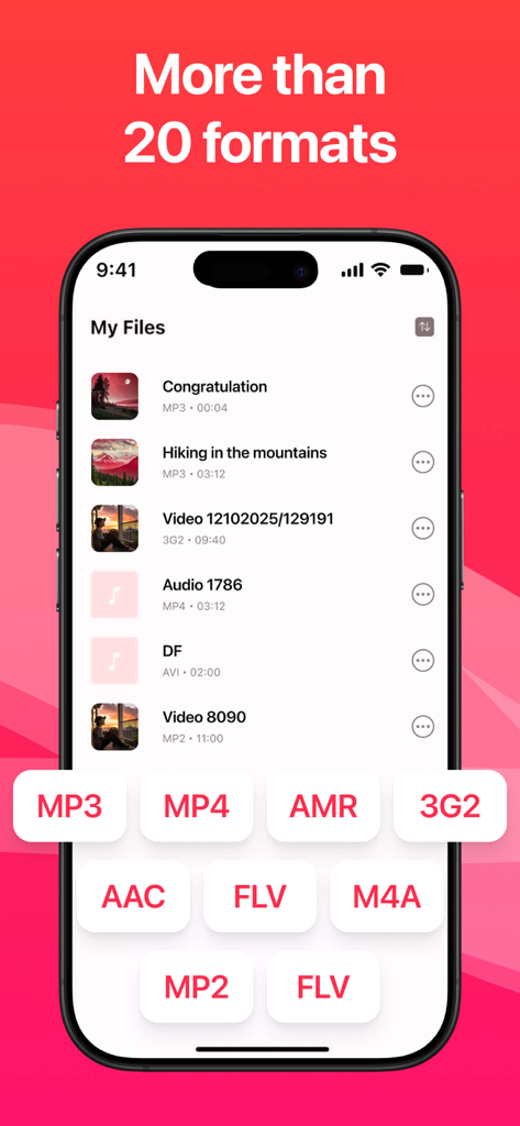 Audio Converter: Video to MP3ㅤ - iPhone screen showing Audio Converter app with file list and supported formats like MP3 and MP4