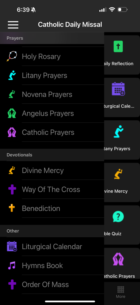 Catholic Missal & Prayer 2026 - Sidebar navigation menu of the Catholic Daily Missal app showing options for prayers, devotionals, and liturgical calendar