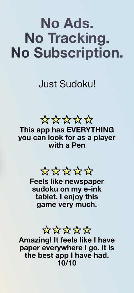 Reseñas de usuarios de cinco estrellas para Sudoku Paperlike enfatizando sus características de privacidad y soporte de escritura a mano