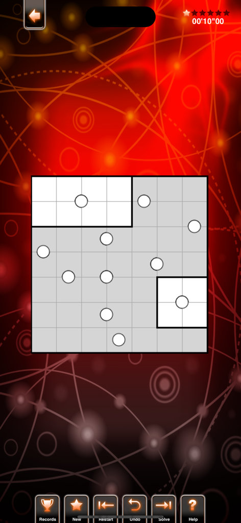 PuzzleManiak - Interfaz del puzzle de lógica Galaxias en la aplicación PuzzleManiak, presentando una cuadrícula con círculos y un fondo abstracto rojo.