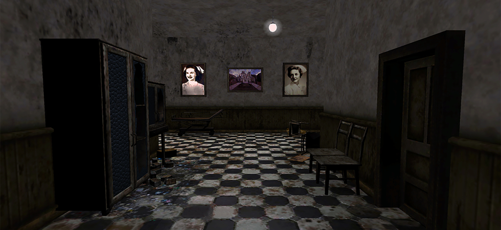 Una habitación oscura en el hospital embrujado con retratos antiguos y un suelo a cuadros