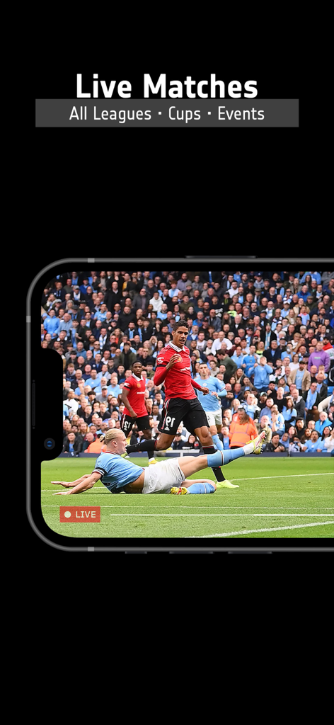 Teléfono inteligente mostrando un partido de fútbol en vivo en la aplicación de streaming Football TV Live