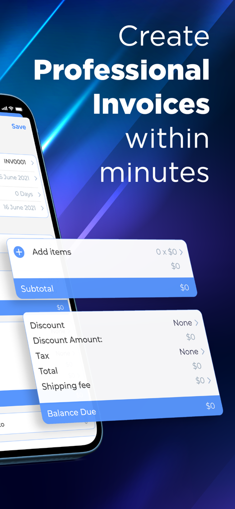 Simple Invoice & Receipt Maker - Una pantalla de aplicación móvil que muestra la interfaz para crear facturas profesionales con secciones para agregar artículos, descuentos, impuestos y saldo pendiente.
